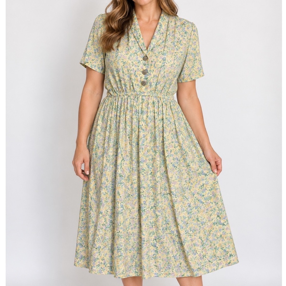 Vintage Leslie Fay Floral Midi Dress Size 16 Cottagecore Garden Party Pastel
